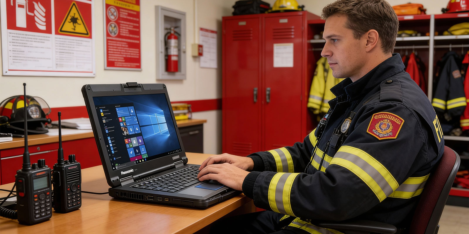 firefighter working on laptop