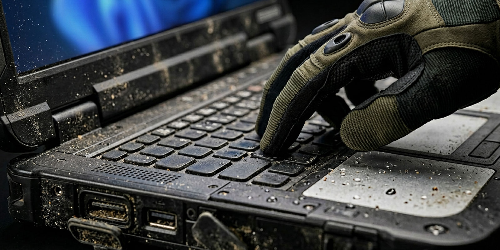 Dirty laptop used with gloves