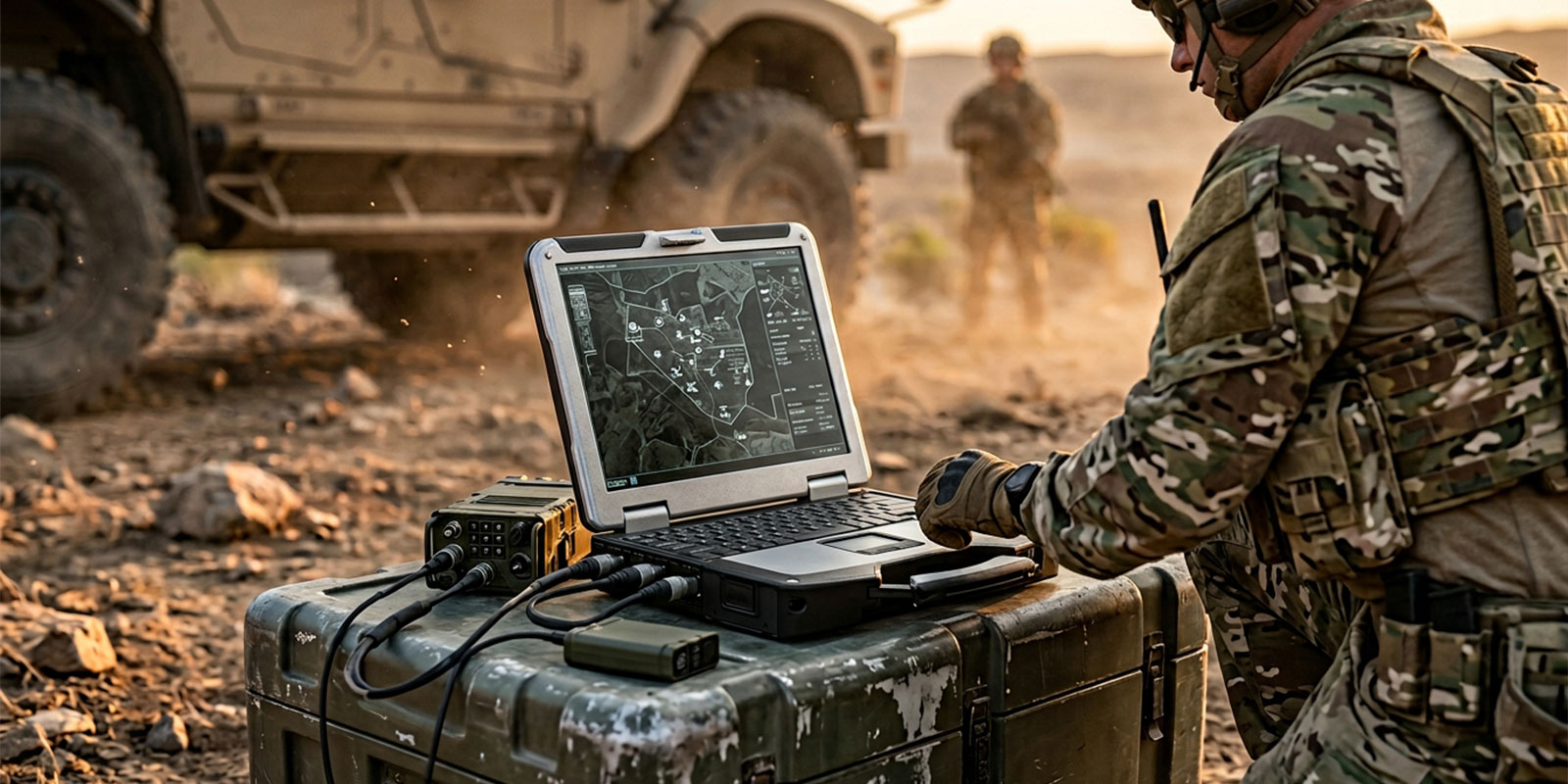 Military person operating laptop