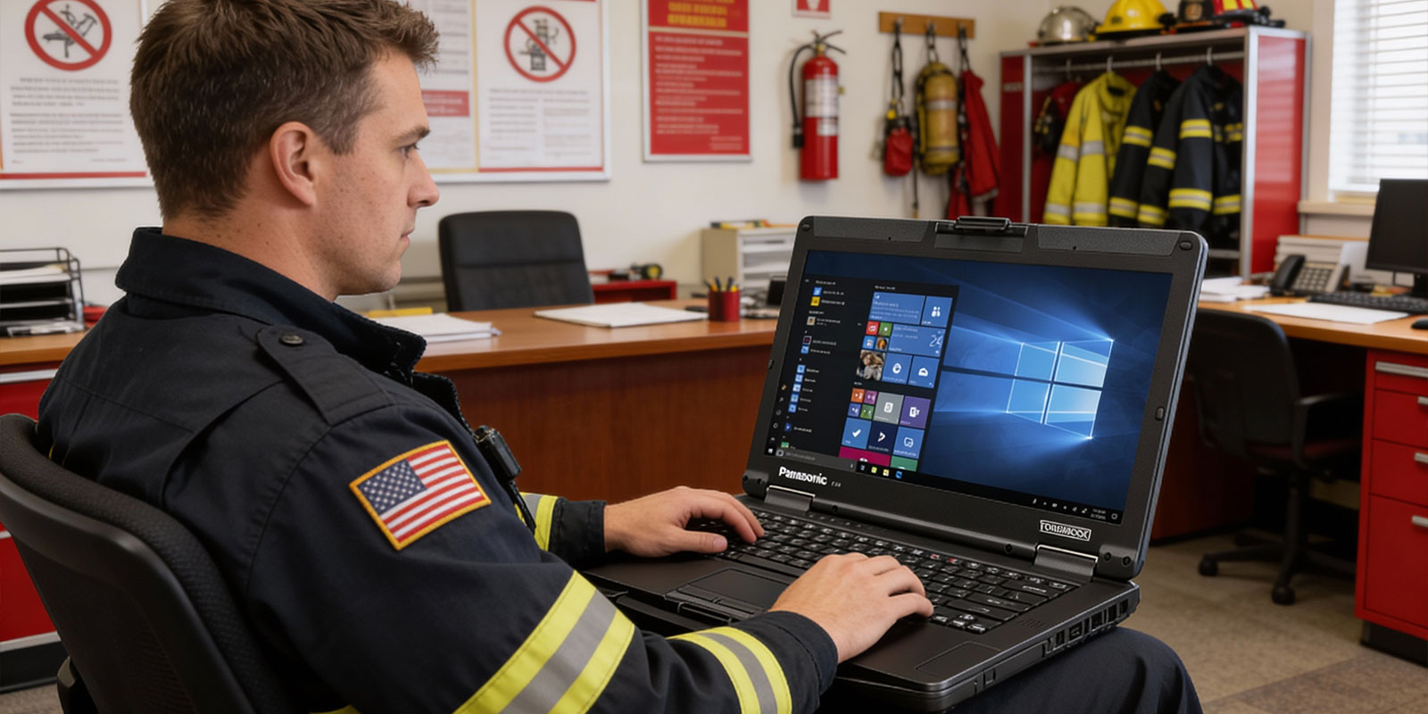 firefighter handling laptop