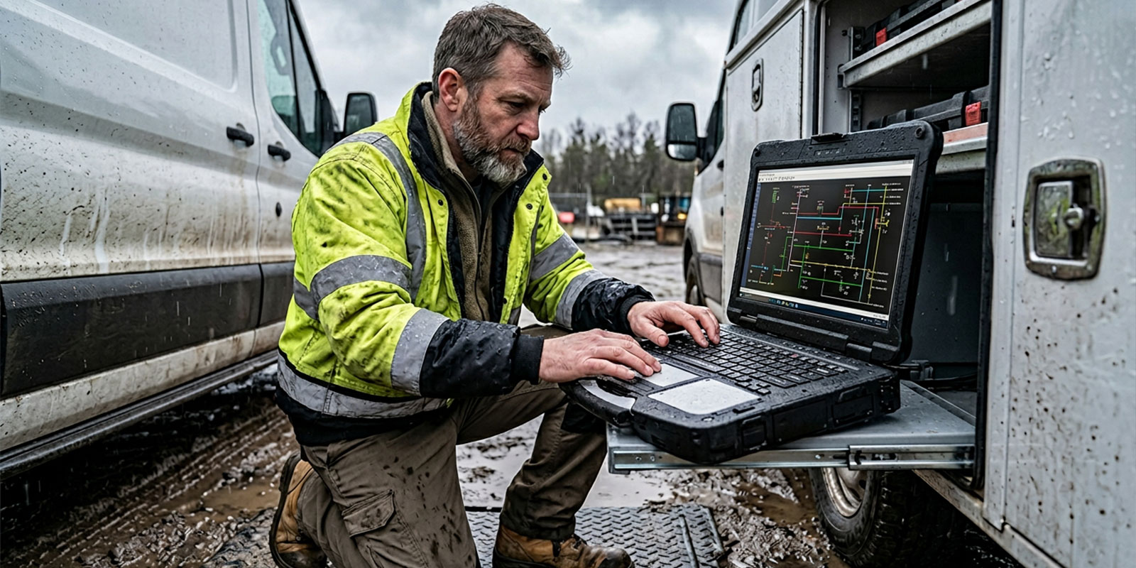 man operating rugged laptop