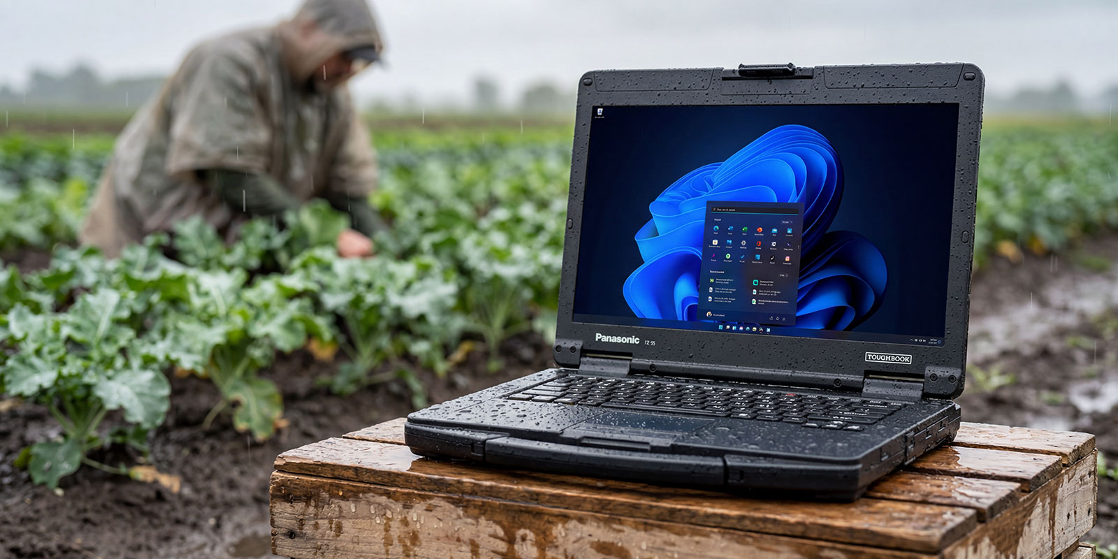 laptop on table in farm