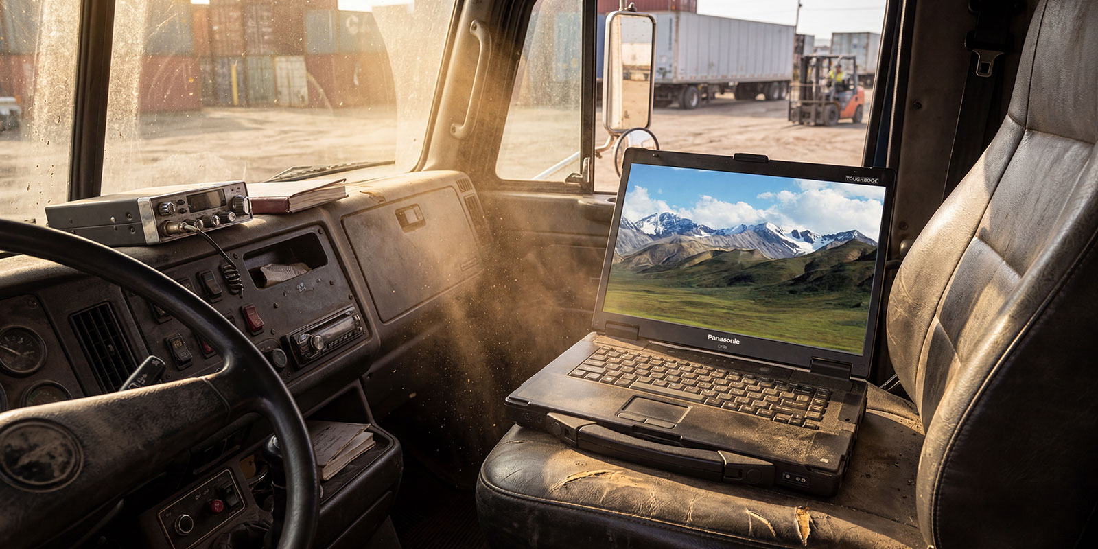 dust and sun facing laptop in truck