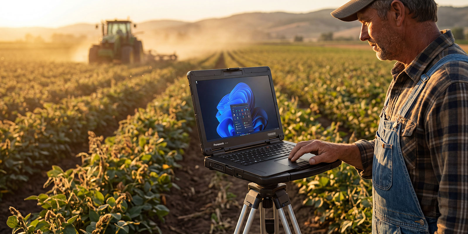 laptop on stand in farm
