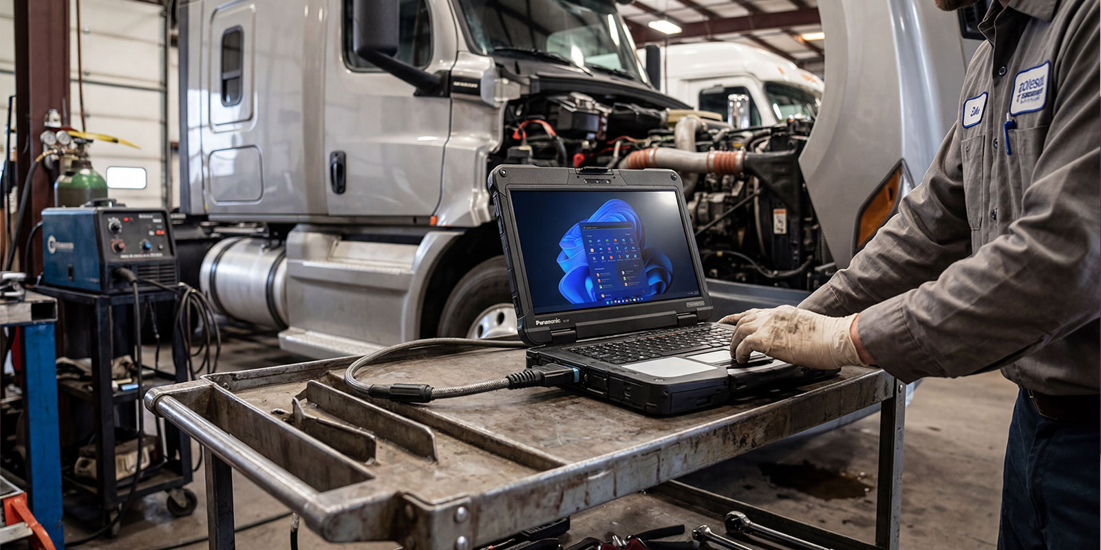 person operating laptop to connect it to truck