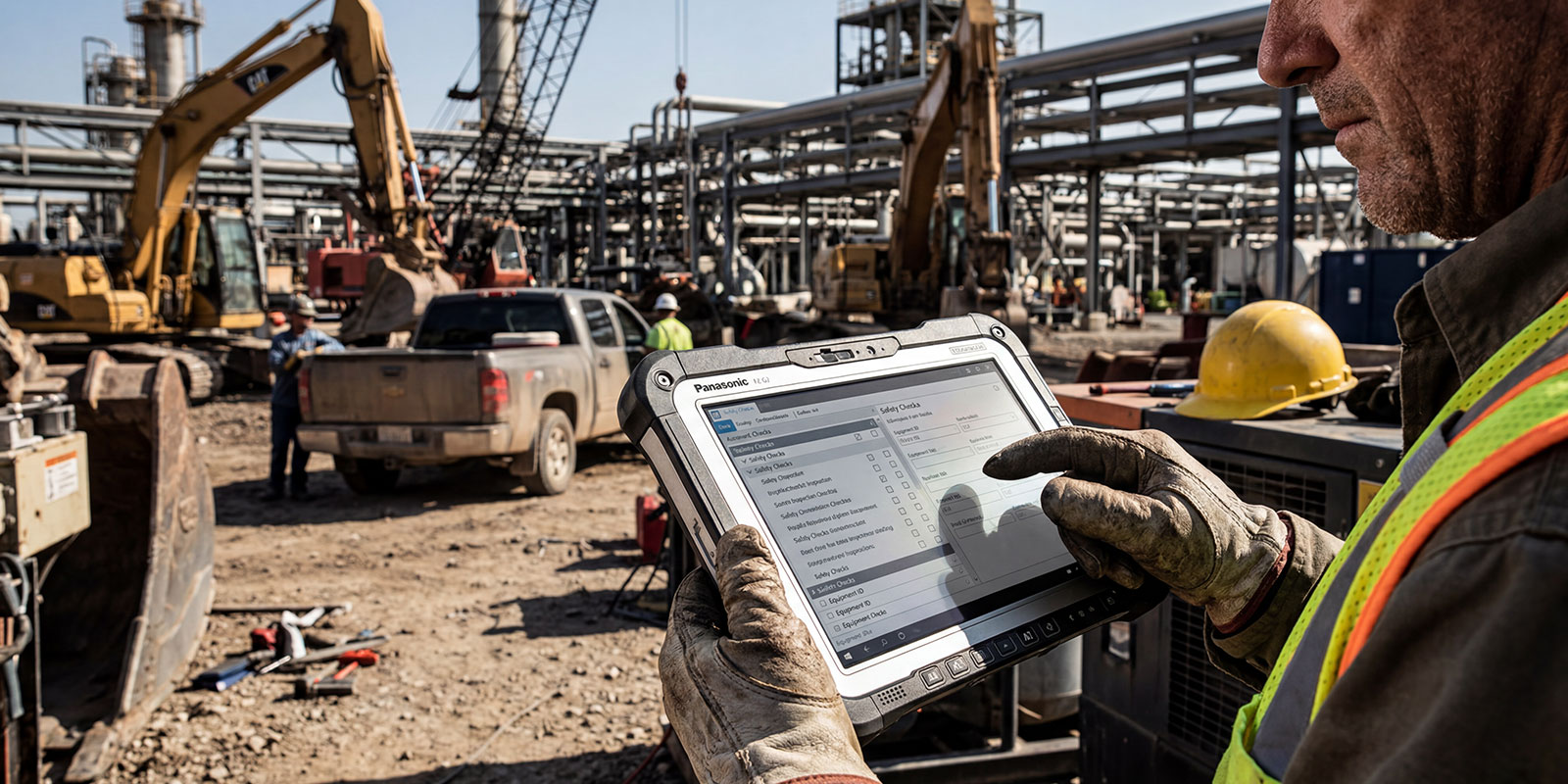 checking laptop in construction work
