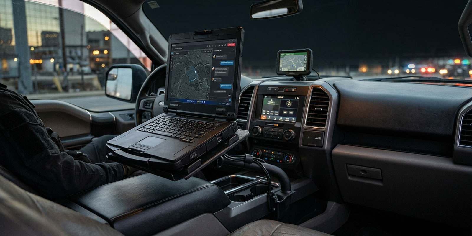 Laptop and person in car