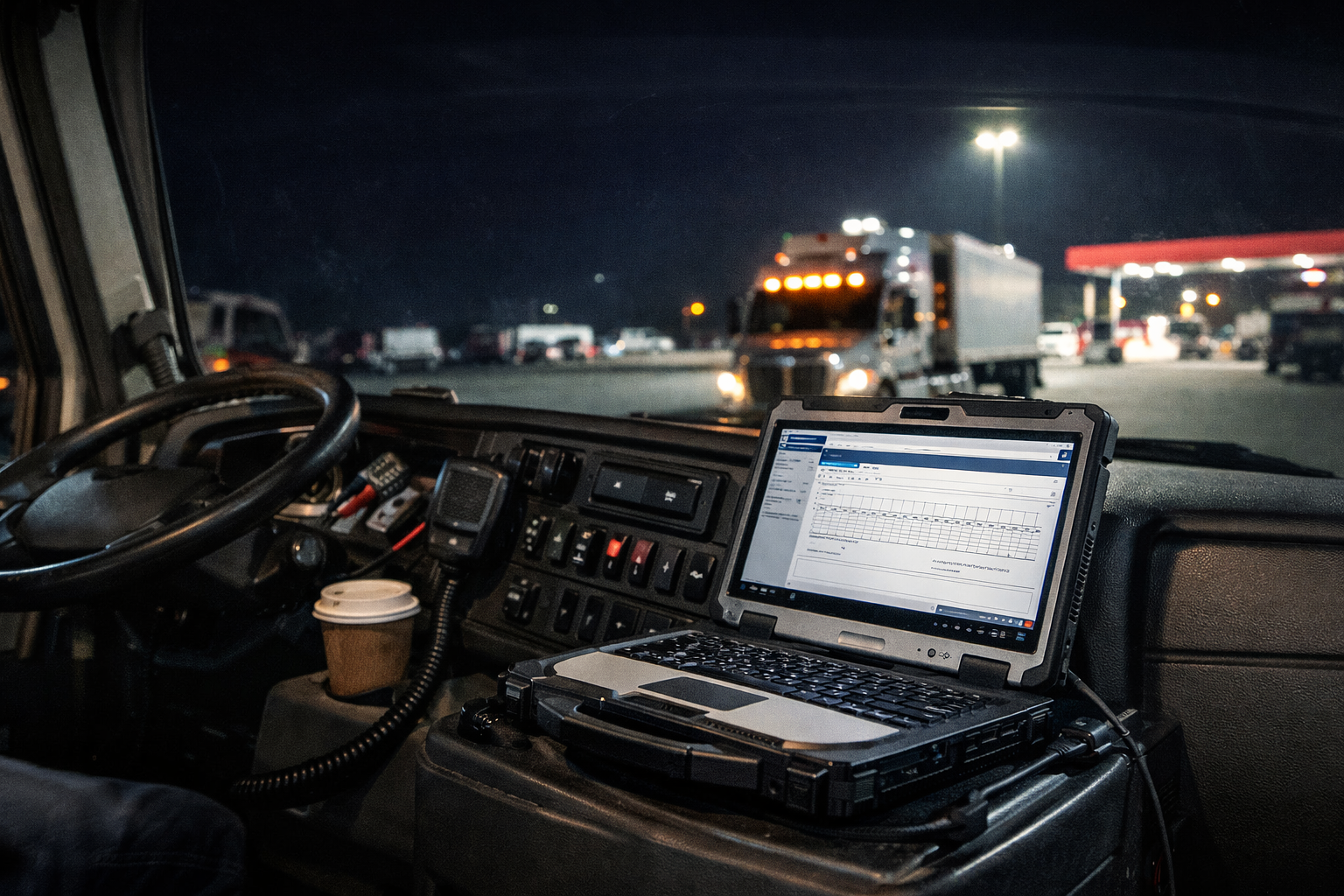 Laptop in truck in night